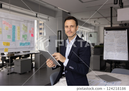Confident handsome executive man posing in office space alone Confident handsome executive man posing in office space alone 124218186