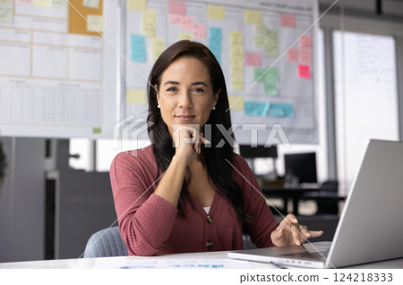Positive female startup project leader woman posing in office Positive female startup project leader woman posing in office 124218333