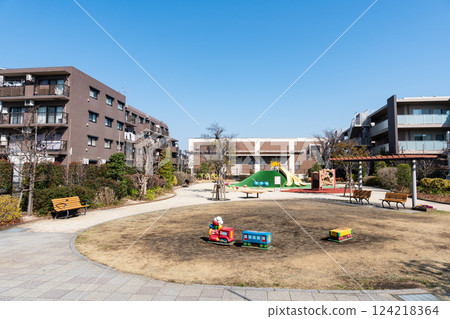 Panoramic view of Green Hill Children's Park (Banana Park) under the blue sky in spring, Nishinokawa, Komae City, Tokyo 124218364
