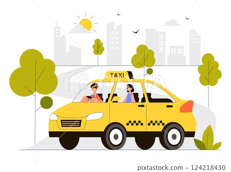 Online Taxi Booking Travel Service Vector Illustration Featuring a Mobile App on a Smartphone for Taking Someone to a Destination in a Flat Background Online Taxi Booking Travel Service Vector Illustration Featuring a Mobile App on a Smartphone for Taking Someone to a Destination in a Flat Background 124218430