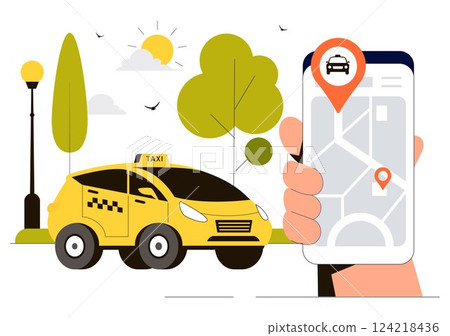 Online Taxi Booking Travel Service Vector Illustration Featuring a Mobile App on a Smartphone for Taking Someone to a Destination in a Flat Background Online Taxi Booking Travel Service Vector Illustration Featuring a Mobile App on a Smartphone for Taking Someone to a Destination in a Flat Background 124218436
