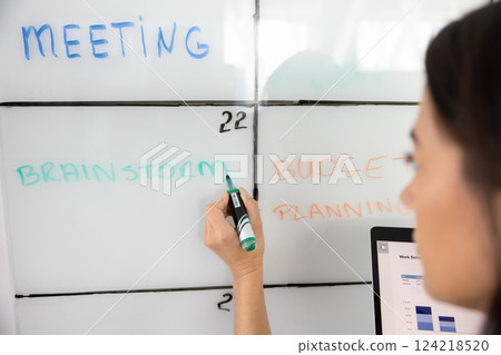 Female project manager planning work on project, teamwork, writing tasks 124218520