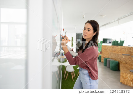 Serious young startup project manager woman writing on whiteboard 124218572