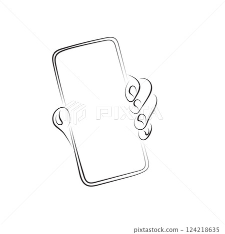 closeup hand holding a smartphone illustration vector hand drawn with black lines isolated on white background. closeup hand holding a smartphone illustration vector hand drawn with black lines isolated on white background. 124218635