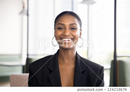 Headshot portrait professional businesswoman take part in videoconference, webcam view Headshot portrait professional businesswoman take part in videoconference, webcam view 124218676