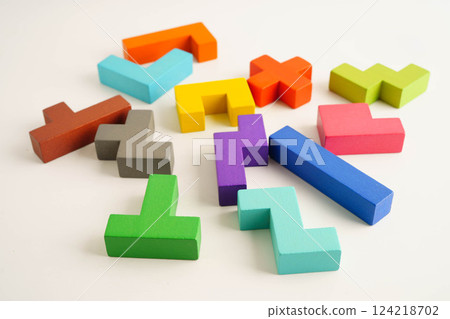 Logical thinking and problem solving problem solution creative business, wooden puzzle geometric block shape. 124218702