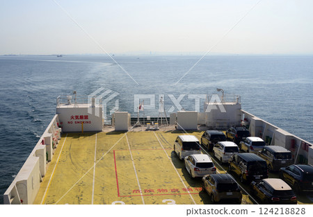Ferry boat car deck and wake Ferry boat car deck and wake 124218828
