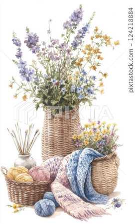 Colorful Yarn and Flowers in Baskets for Crafts and Creativity 124218884