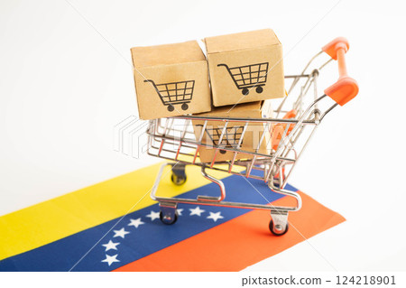 Online shopping, Shopping cart box on Venezuela flag, import export, finance commerce. Online shopping, Shopping cart box on Venezuela flag, import export, finance commerce. 124218901