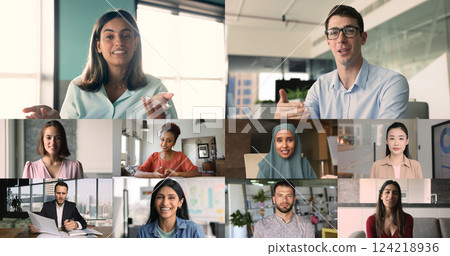 Screen displays multicultural group of professionals engaging in virtual meeting Screen displays multicultural group of professionals engaging in virtual meeting 124218936