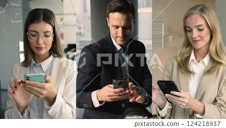 Three business professionals using their smartphones, collage view Three business professionals using their smartphones, collage view 124218937