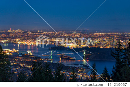 Vancouver city downtown panorama in night. Vancouver Harbour marina aerial view. Lions Gate Bridge, British Columbia, Canada. Vancouver city downtown panorama in night. Vancouver Harbour marina aerial view. Lions Gate Bridge, British Columbia, Canada. 124219067