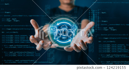 man hold ai auto chat bot. Big data center storage.Digital Artificial Intelligence technology disruption concept. We are implementing storage technology support and service in the business. 124219155