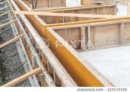 Construction of the foundation of a house, slab foundation, concrete, and concrete floor Construction of the foundation of a house, slab foundation, concrete, and concrete floor 124219189