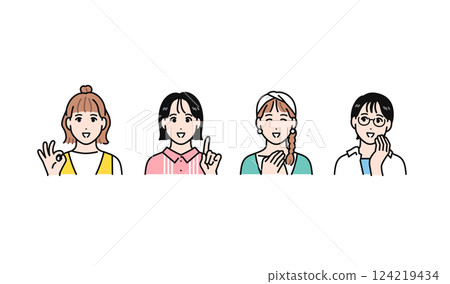 簡單的向量插圖集四個微笑快樂的年輕女性 簡單的向量插圖集四個微笑快樂的年輕女性 124219434