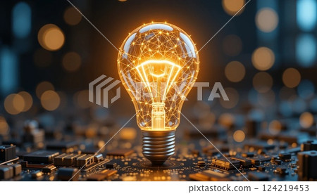 Futuristic Glowing Light Bulb on Circuit Board | Innovation, AI Technology, and Digital Energy Concept. 124219453