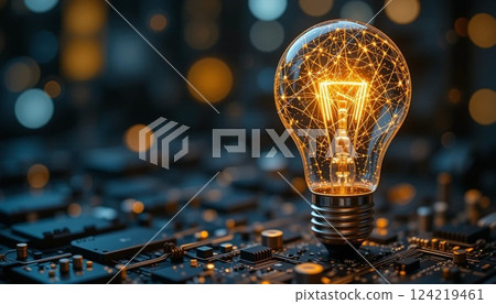 Futuristic Glowing Light Bulb on Circuit Board | Innovation, AI Technology, and Digital Energy Concept. 124219461