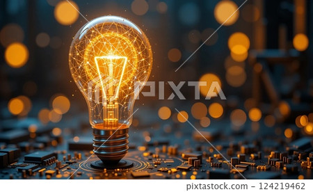 Futuristic Glowing Light Bulb on Circuit Board | Innovation, AI Technology, and Digital Energy Concept. 124219462