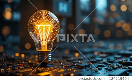 Futuristic Glowing Light Bulb on Circuit Board | Innovation, AI Technology, and Digital Energy Concept. 124219494