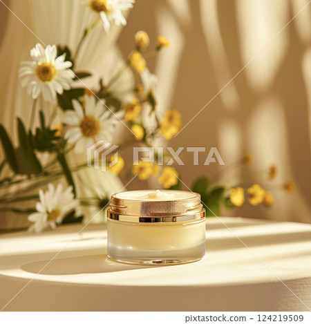Cosmetic cream in a glass jar. Skin care concept. Background for beauty products Cosmetic cream in a glass jar. Skin care concept. Background for beauty products 124219509