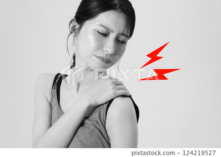 Image of a woman suffering from stiff neck and shoulders Image of a woman suffering from stiff neck and shoulders 124219527