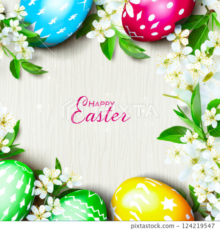 Vibrant Easter Eggs With Fresh Spring Blossoms Cheerful Design Featuring Pink, Green, Yellow, And White Eggs For Happy And Colorful Celebration 124219547