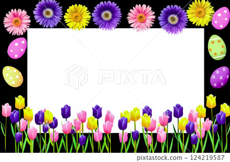 Vibrant Easter Digital Illustration Pink, Yellow, Purple Flowers Eggs In White Frame On Black, Festive Spring Design With Green Accents, Celebrating Easter 124219587