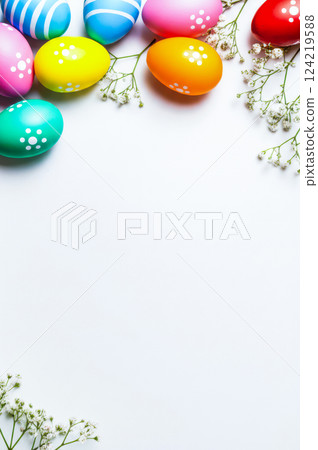 Cheerful Easter Holiday Image Top-Down View Of Simple, Clean White Background With Colorful Eggs And Babies Breath Bright And Festive Easter Display Featuring Breath Of Fresh Air 124219588