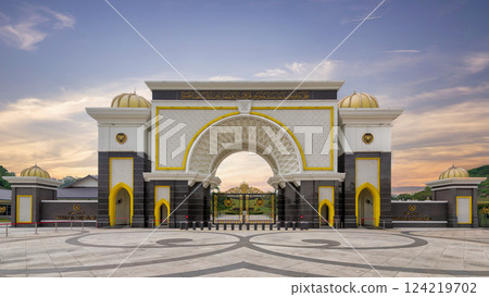 Grand royal palace of Istana Negara in Kuala Lumpur, Malaysia showcasing its stunning architecture at sunset 124219702