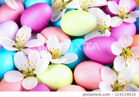 Closeup Easter Arrangement Vibrant Yellow Pink Eggs With Delicate White Springtime Blossoms, Fresh Festive Display For Easter Celebrations Closeup Easter Arrangement Vibrant Yellow Pink Eggs With Delicate White Springtime Blossoms, Fresh Festive Display For Easter Celebrations 124219810