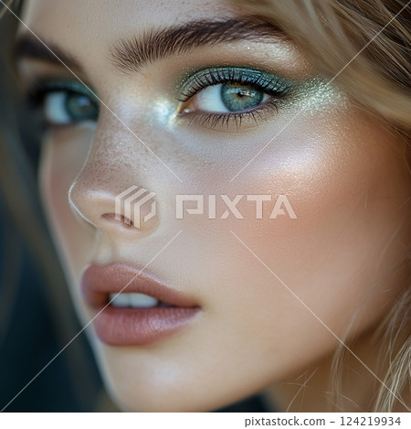 AI creates powerful and attractive beautiful women with Western trendy hair and makeup styles (square photo) 124219934