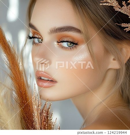 AI 打造擁有西方流行髮型和妝容的強大魅力美女（方形照片） 124219944