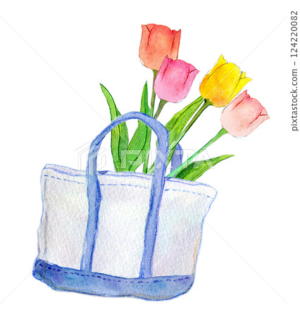 Watercolor illustration: Tote bag and tulips 124220082