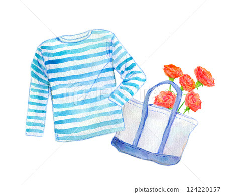 Watercolor illustration: Border shirt and carnations 124220157