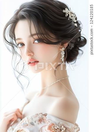AI 打造日式髮型和妝容，肌膚白皙的美女（垂直圖） 124220185