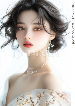 AI 打造日式髮型和妝容，肌膚白皙的美女（垂直圖） 124220186