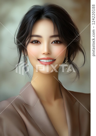 AI 打造日式髮型和妝容，肌膚白皙的美女（垂直圖） 124220188