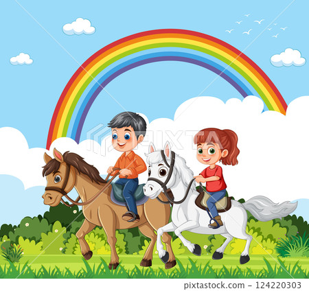 Happy Children Riding Horses Under Rainbow 124220303