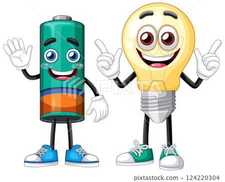 Cheerful Battery and Light Bulb Characters Illustration 124220304
