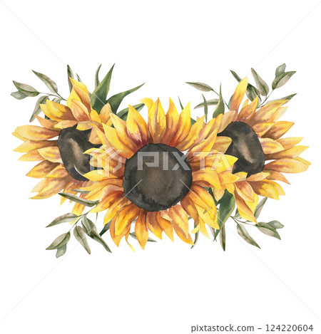 Sunflower watercolor bouquet with yellow flowers and eucalyptus branches illustration. Hand drawn sunny autumn floral clipart for wedding invitation, fall decor, poster, card design 124220604