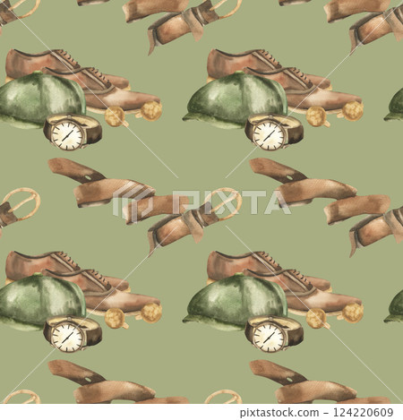 Gentlemen accessories seamless pattern on green with leather office shoes, belt and watch watercolor illustration. Hand drawn hipster background, clipart for father's day gift packing,wallpaper design 124220609