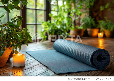 A soothing home space lined with candles and yoga mats 124220676
