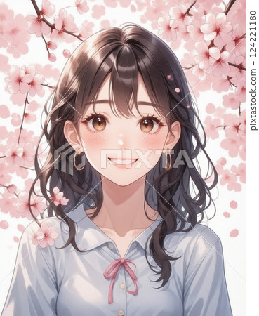 Cute black-haired girl smiles and has cherry blossoms 124221180
