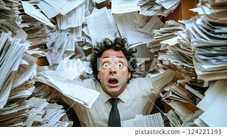 A stressed man struggles as he drowns in a massive pile of documents, overwhelmed by paperwork and deadlines. The concept of workplace stress, bureaucracy, and information overload. Generative AI. 124221193