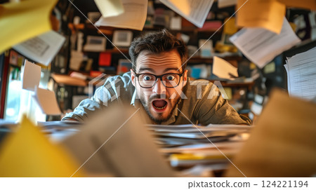 A stressed man struggles as he drowns in a massive pile of documents, overwhelmed by paperwork and deadlines. The concept of workplace stress, bureaucracy, and information overload. Generative AI. 124221194
