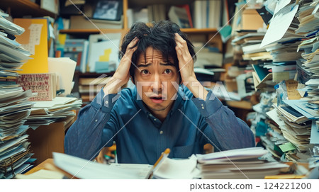 A stressed man struggles as he drowns in a massive pile of documents, overwhelmed by paperwork and deadlines. The concept of workplace stress, bureaucracy, and information overload. Generative AI. 124221200