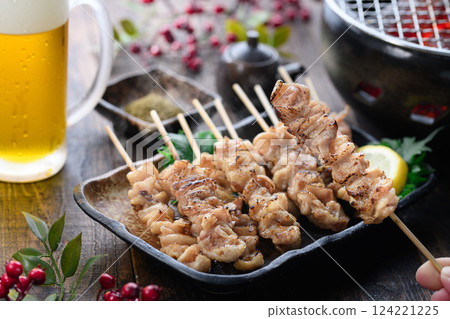 Yakitori (chicken skin skewers) salted Yakitori (chicken skin skewers) salted 124221225
