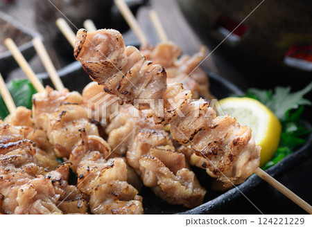 Yakitori (chicken skin skewers) salted Yakitori (chicken skin skewers) salted 124221229