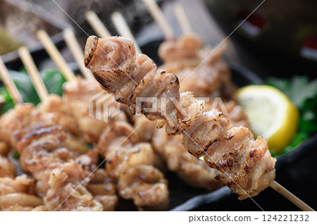 Yakitori (chicken skin skewers) salted Yakitori (chicken skin skewers) salted 124221232