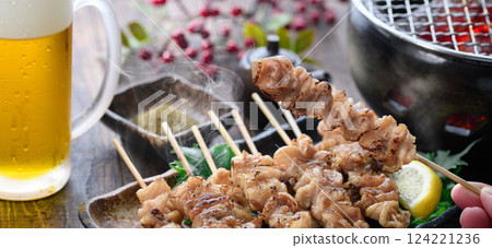 Yakitori (chicken skin skewers) salted Yakitori (chicken skin skewers) salted 124221236